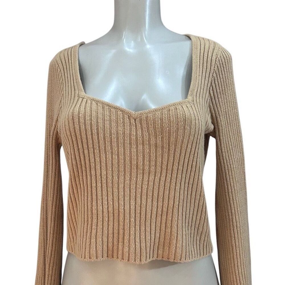 Hollister Crop Sweater Women's Large Camel Bell Sleeve Ribbed Sweetheart Neck